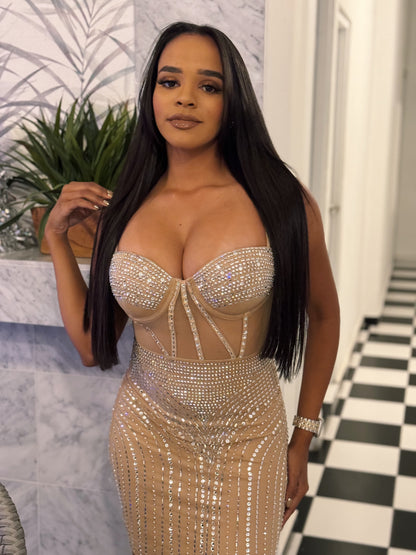 Rhinestone bodycon mini dress nude